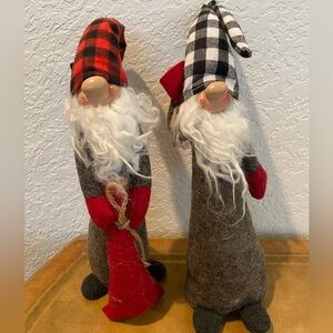 Set of 2 cute Winter Plaid Plush Gnomes with cute faces. Red Black & White 12”